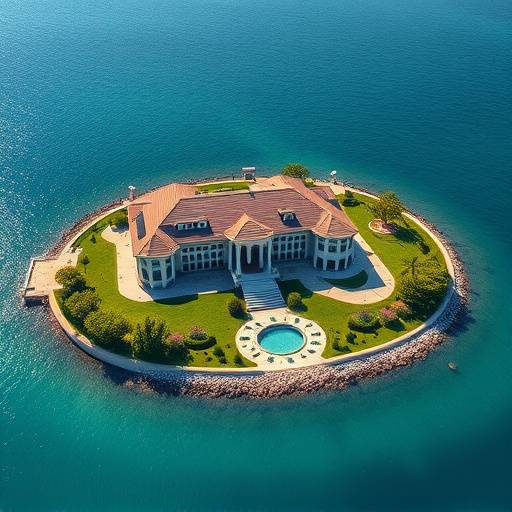 Aerial drone footage of a luxurious waterfront property, highlighting its expansive grounds, stunning architecture, and breathtaking views.