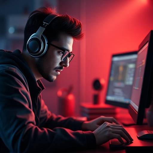 Animator intently working on a detailed 3D animation project on a high-end computer setup.