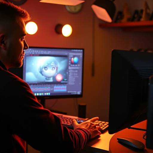 Animator working on a 3D animation project on a computer