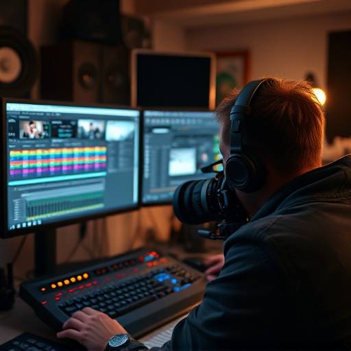 Experienced video editor working meticulously on editing software with a dual monitor setup, adjusting audio.