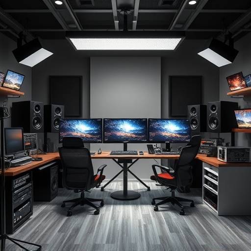 Interior view of Aurora Visuals' editing suite, featuring dual monitors and professional editing equipment.