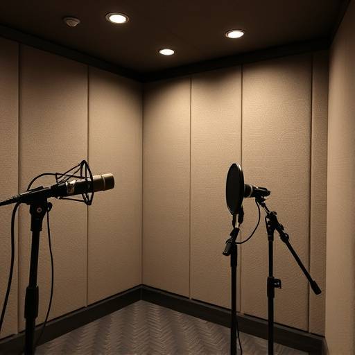 Interior view of Aurora Visuals' soundproof recording booth, showcasing professional microphones and acoustic treatment.