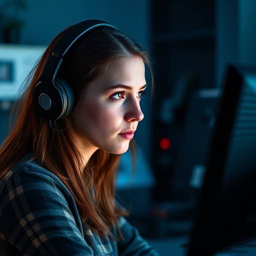 Portrait of Emily Carter, the Video Editor at Aurora Visuals, working intently at her editing workstation.