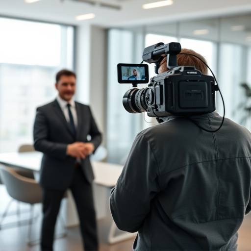Professional videographer filming a corporate interview with executive in modern office.