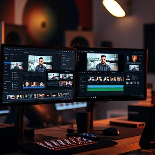 Video editor working on editing software on a dual monitor setup