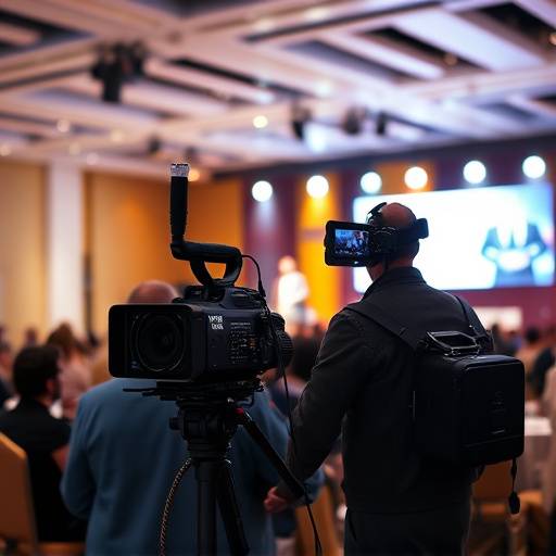 Videographer expertly capturing live footage at a dynamic conference event with speaker on stage.
